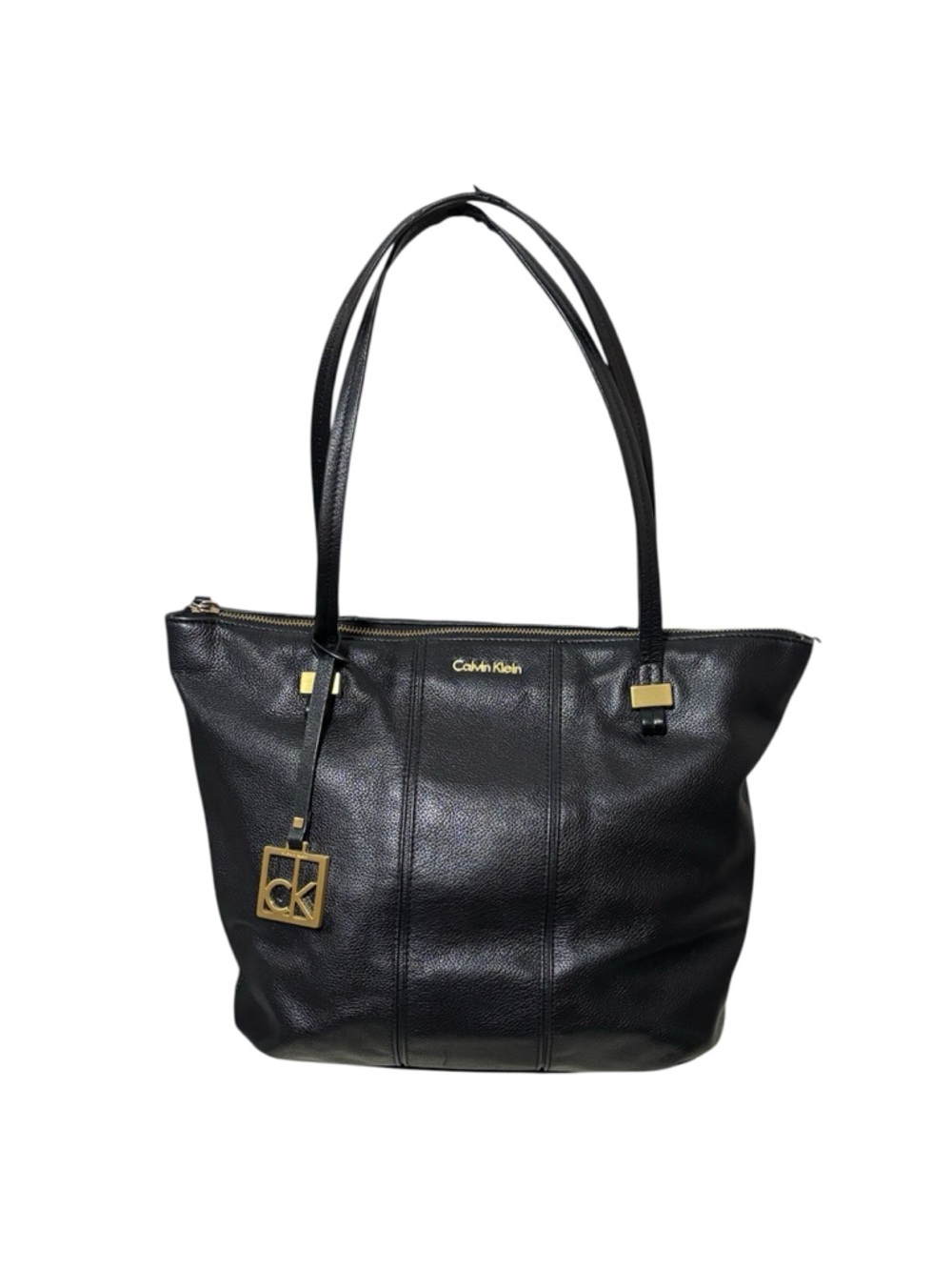 Calvin Klein Black Pebbled Leather Tote with Gold Hardware